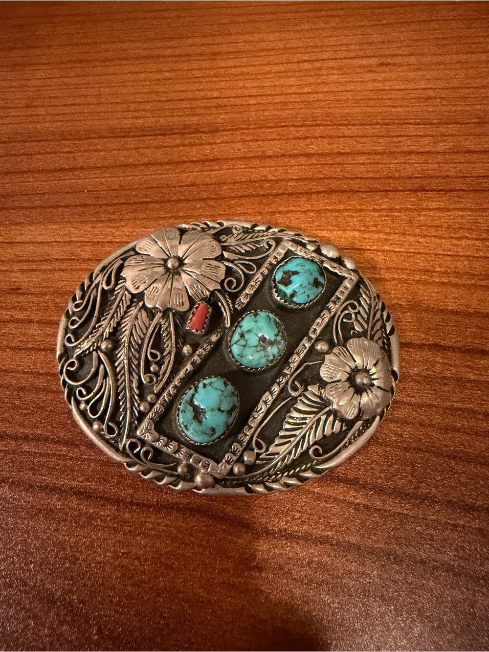 Turquoise Color Floral Silver-Tone Western Belt Buckle - Women Accessories